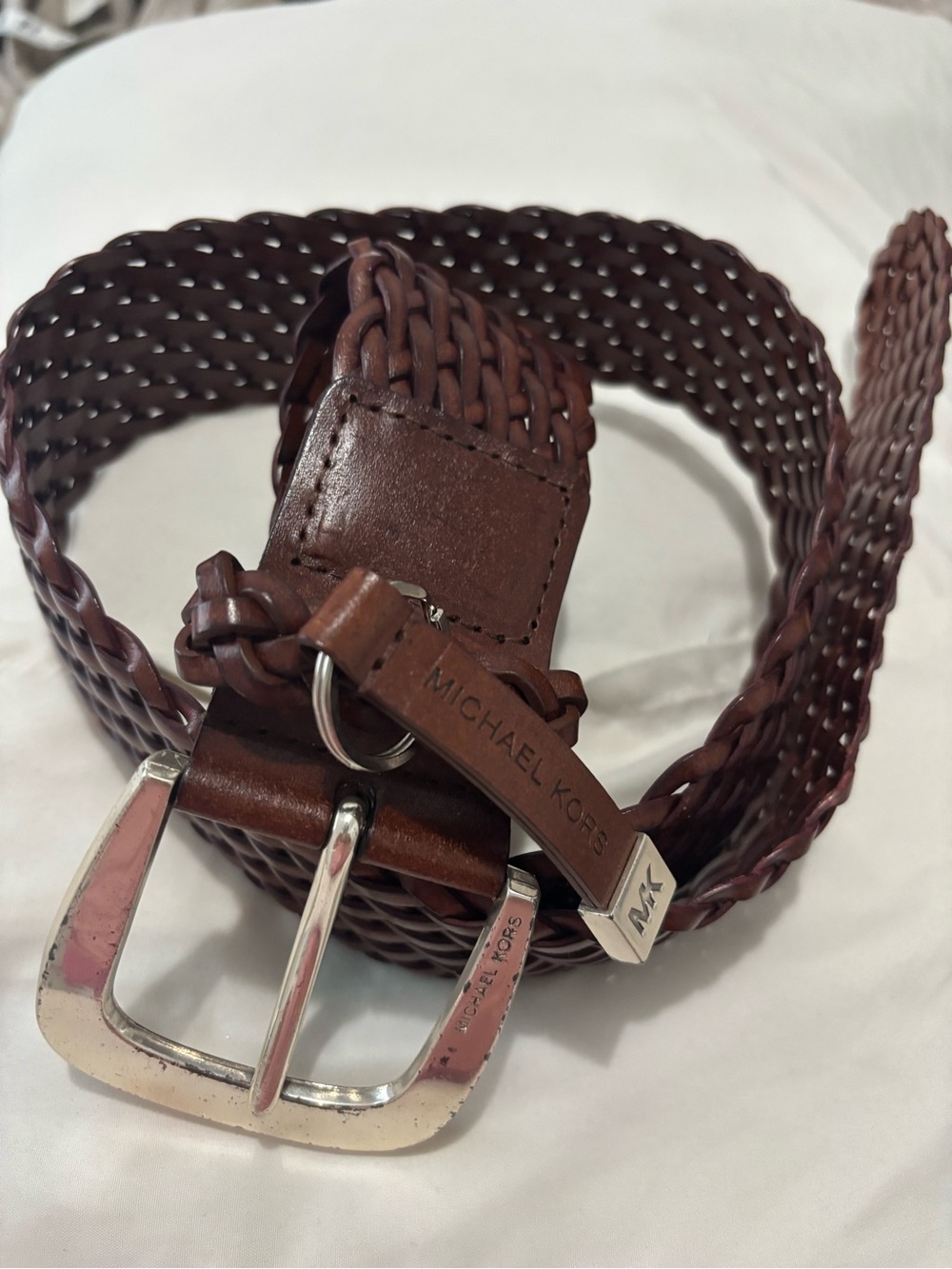 Michael Kors Men’s Woven Brown Leather Belt with Silver-Tone Buckle